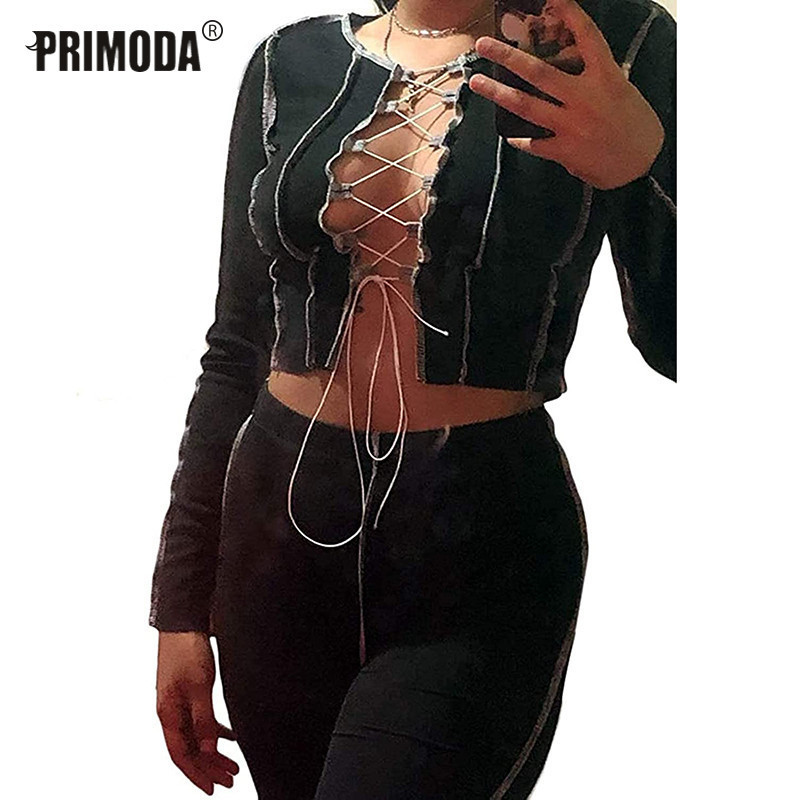 Spring Autumn T Shirts Women Full Bodycon Tops Knitted Buttons Midriff Sexy Crop Top FashionLace Up Bandage Tees Mujer PR1701G 220714