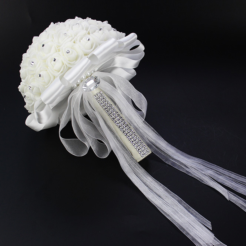 New Crystal White Bridal Wedding Bouquets Beads Holding Flowers Wedding Foam Simulation Flowers