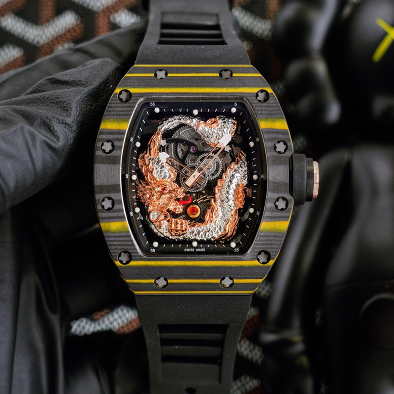 Mens watches Automatic watch 52*43*14mm Carbon fiber case Japanese mechanical movement Dragon pattern Man watches rm57-03
Mens watches Automatic watch 52*43*14mm Carbon fiber case Japanese mechanical movement Dragon pattern Man watches rm57-03
