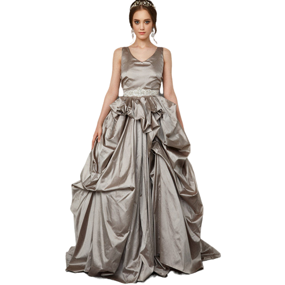 Vintage Silk Satin A Line Wedding Dress Draped Ruched Skirt Long Bridal Gowns 2022 V-Neck Sleeveless Gothic Bride Dresses Custom Made