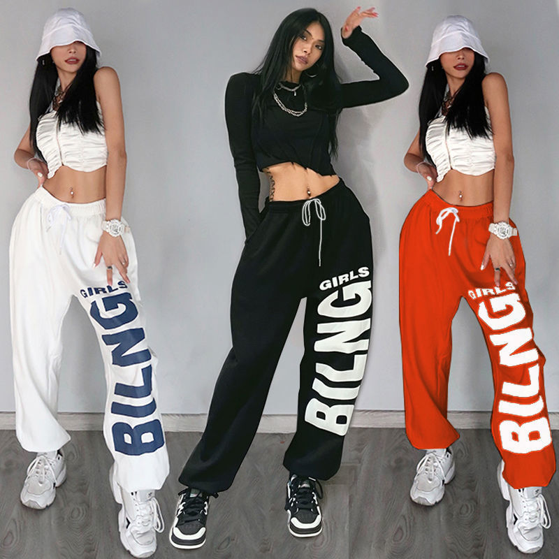 American retro letter print trouser's sports hip-hop trend casual pants dance jazz performance loose 220325
