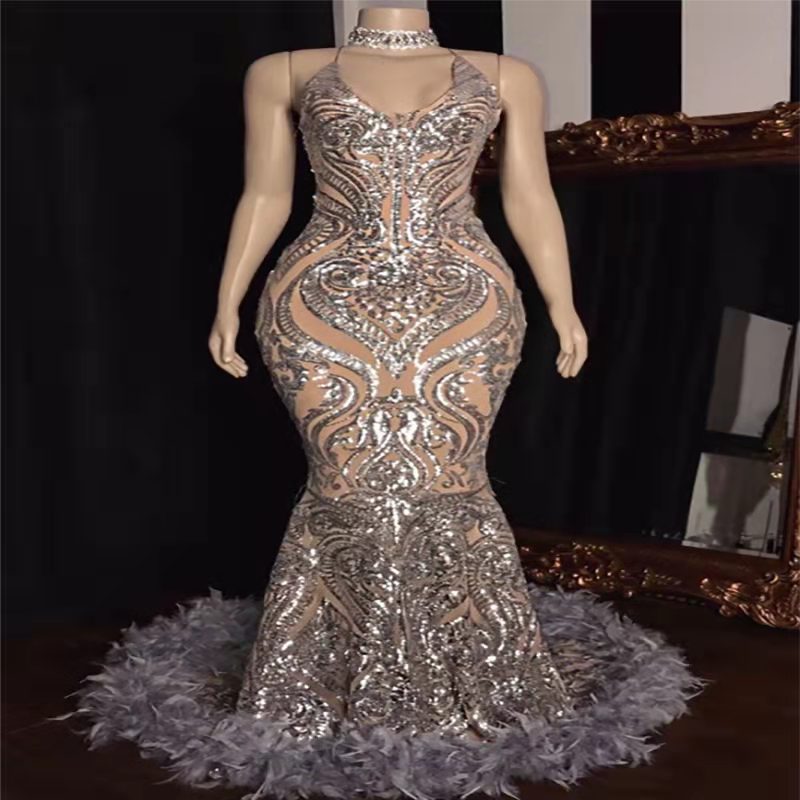 Luxury Sequin Mermaid Prom Dresses With Feather Sexy Halter Neck Black Girls Aso Ebi Evening Gowns 2022 Glitter Formal Speical Occasion Dress Robes De