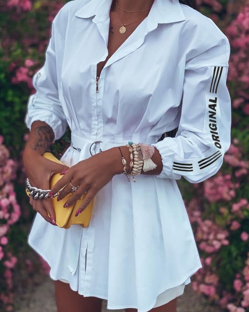 Women's Spring Dresses Autumn Letter Printed Shirts Lantern Sleeves Stitching Pleated Zipper Dress Blouse C260312