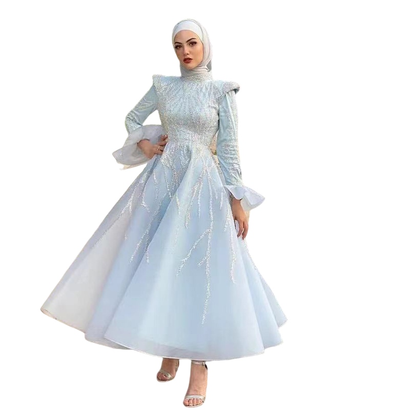 sky Blue Muslim Prom Dresses High Collar Long Sleeve Beading Arabic Dubai Evening Party Gowns Organza Formal Wear