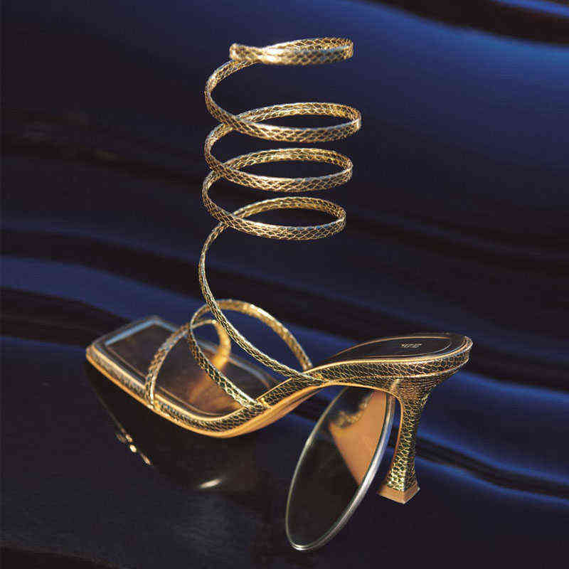 Sandals Women High Heels Shoes 2022 Gold Spiral Belt Fashion Heel Black Casual Square Head Stiletto Pumps 220412