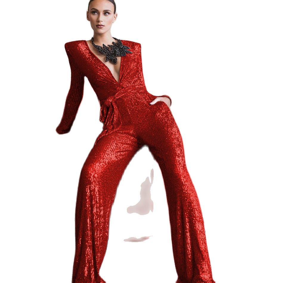 Sexy Red Sequins Evening Dresses Sequined Full Sleeves Modest Jmpsuits With Belt Custom Made Prom Gowns