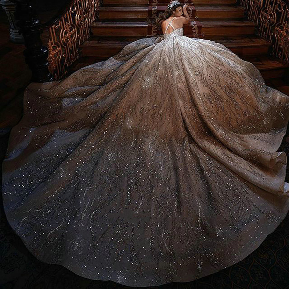 Champagne Princess Ball Wedding Dresses Long Sleeves V Neck Spaghetti Straps Sequins Appliques Lace Ruffles or Length Bridal Gown Plus Size robes de s