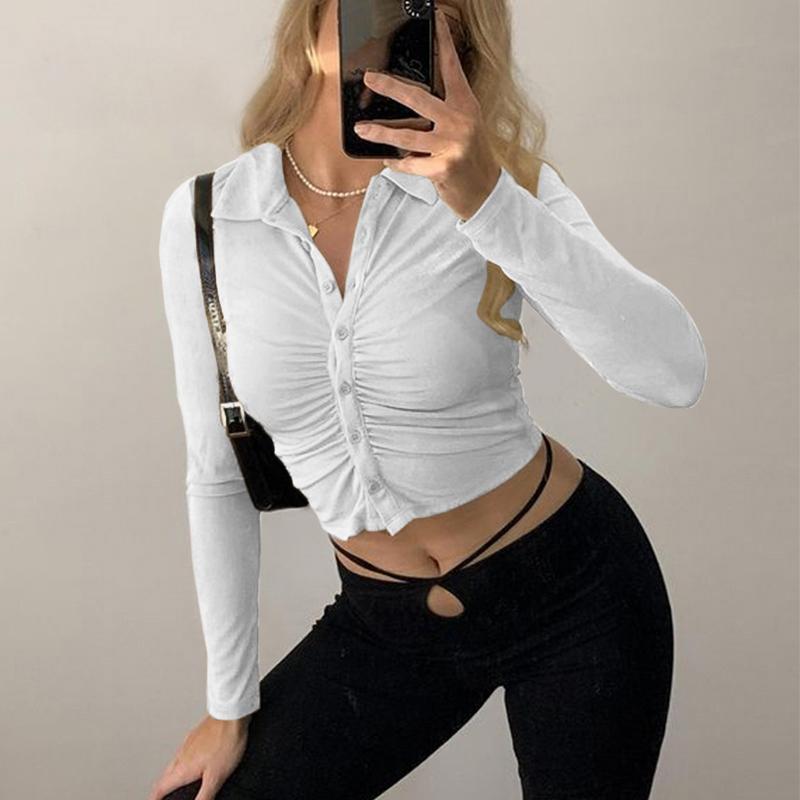 Women' Tanks & Camis Women Close-fitting Blouse, Solid Color Turn-down Collar Long Sleeve Crop Tops, Blue/ Green/ Khaki, Black
Women' Tanks & Camis Women Close-fitting Blouse, Solid Color Turn-down Collar Long Sleeve Crop Tops, Blue/ Green/ Khaki, Black