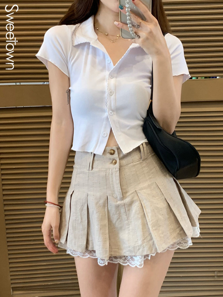 Sweetown Korean Fashion Khaki Short Skirt Lace Trim Cute Pleated Skirts Womens Preppy Style Button Up High Waist Summer Skirt 220701