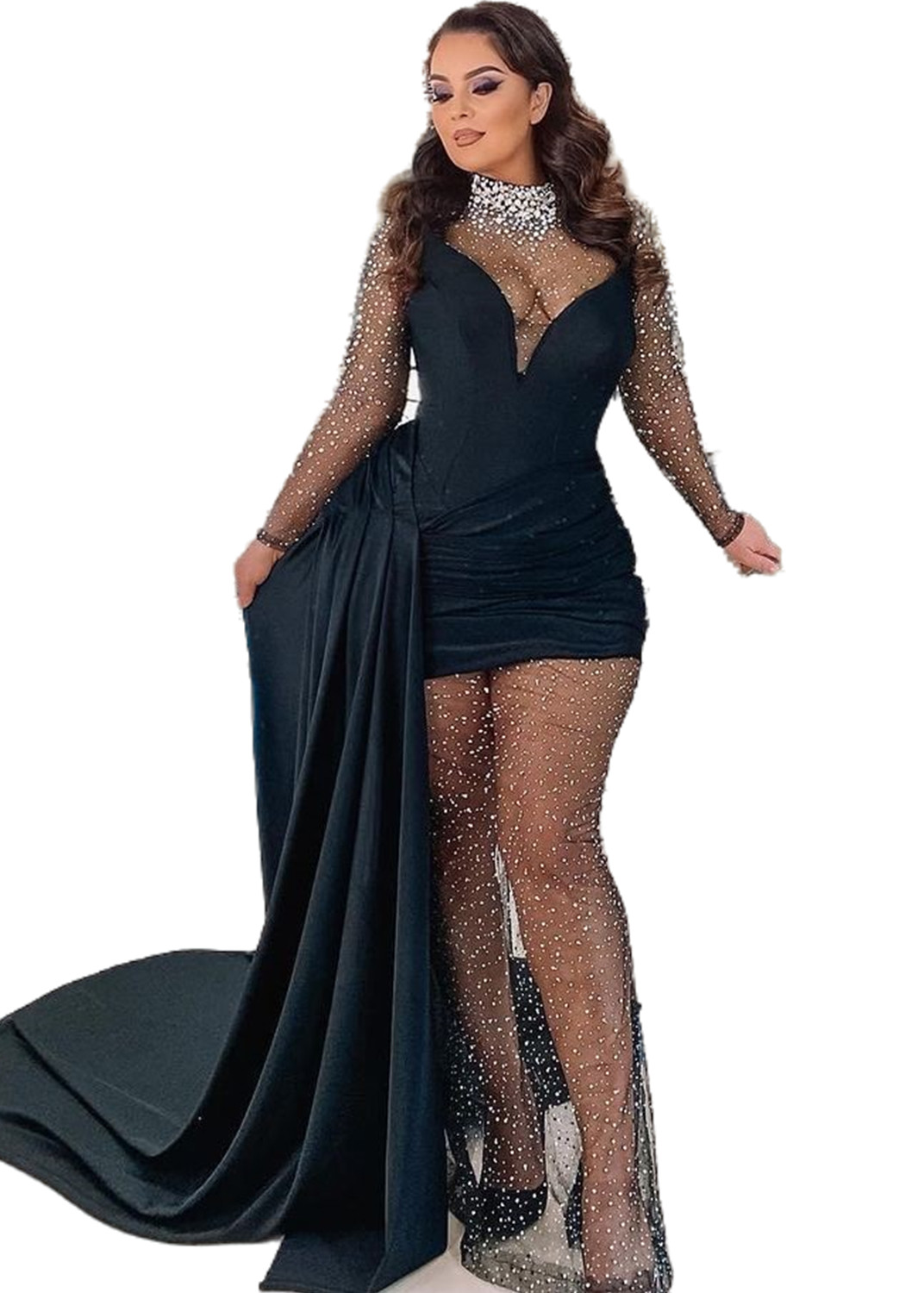 Plus Size Arabic Aso Ebi Black Mermaid Sexy Prom Dresses Sheer Neck Evening Formal Party Second Reception Birthday Engagement Gowns Dress ZJ Lz0304