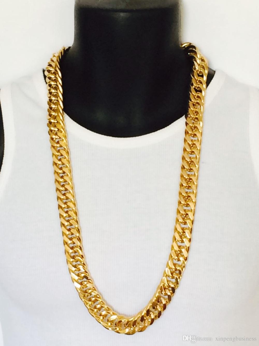 Mens Miami Cuban Link Curb Chain 24k Real Yellow Solid Gold GF Necklace Hip Hop 11MM Thick Chain JayZ