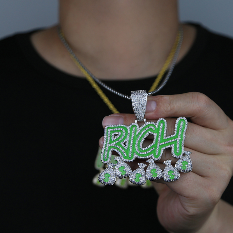 Iced out punk style glowing letter Pendant paved full cubic zircon Rich $ dollar with long rope chain necklace for men lady boy hip hop jewelry wholes