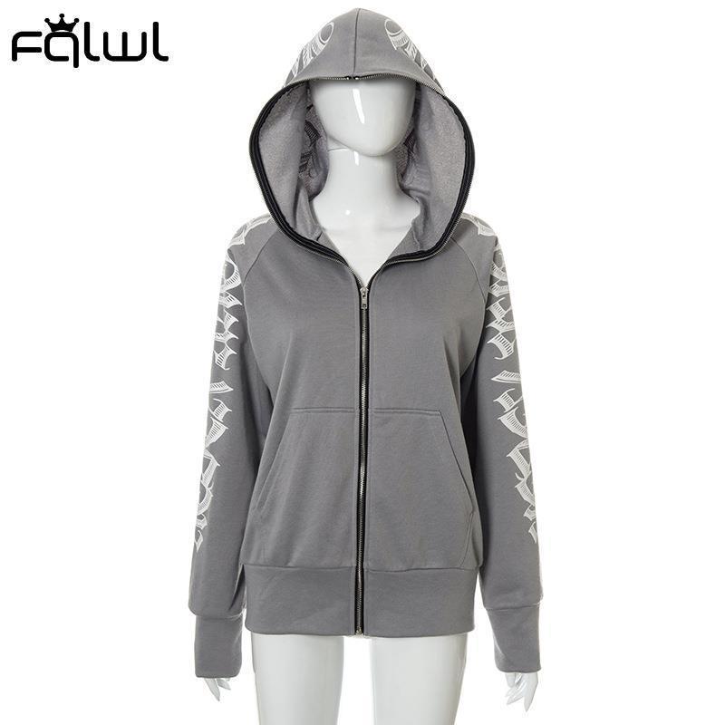 FQLWL Fall Streetwear Loose Zip Up Hoodie Women Sweatshirts Long Sleeve Top Black Jacket Brown Graphic Sweatshirt Hoodies Women 220721