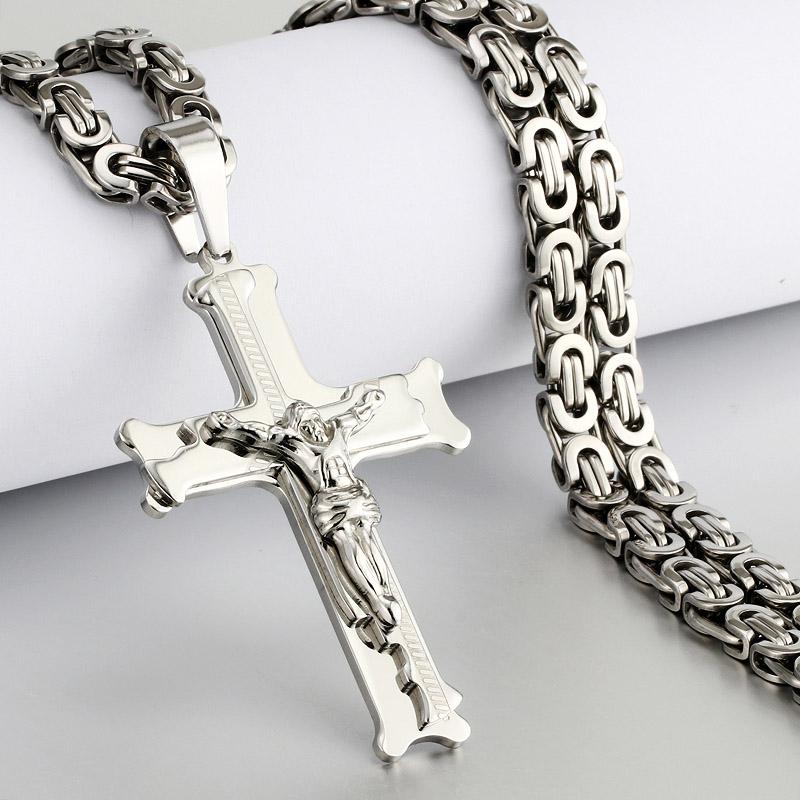 Pendant Necklaces Gold Color Fish Bone Pattern Cross Necklace Men Stainless Steel Crucifix Jesus Link Chain Catholic Jewelry GiftPendant
