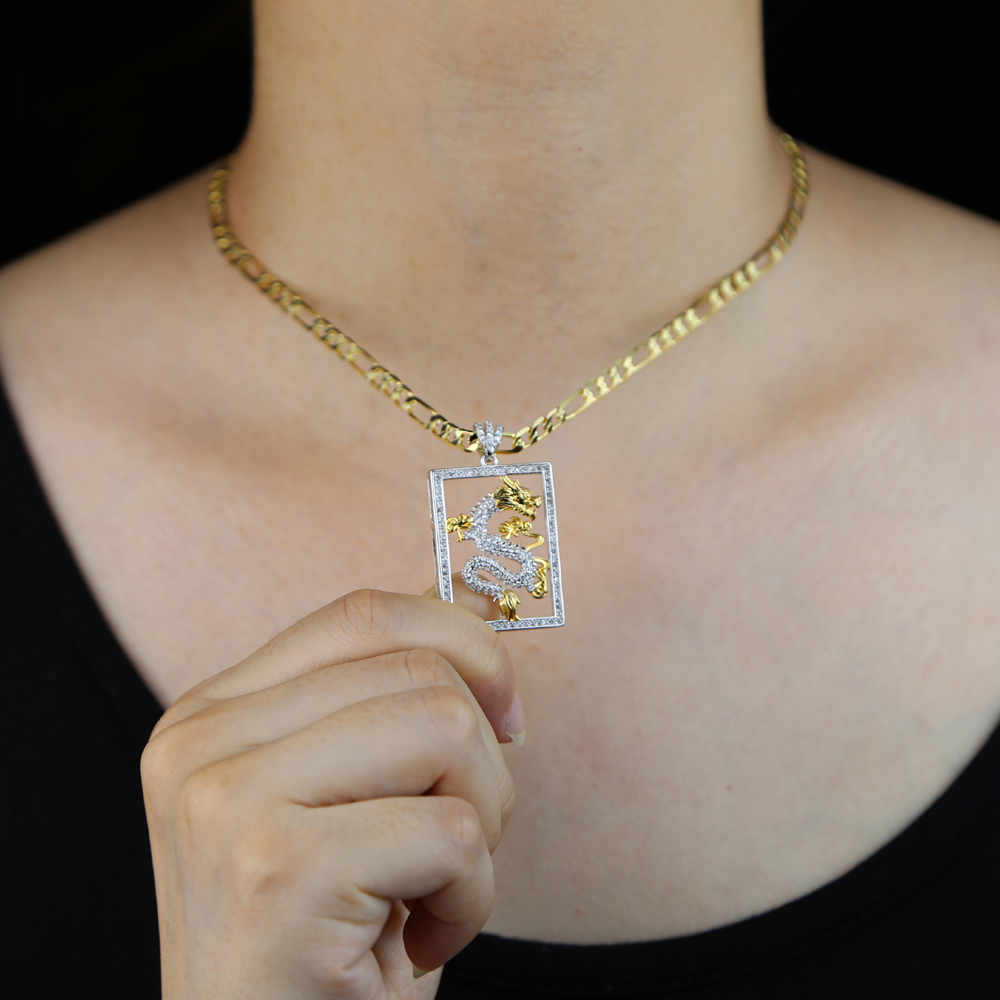 New Iced Out Bling CZ Two Tone Silver Color Dragon Pendant Necklace Cuban Link Chain Dragon Charm Choker Hip hop Women Jewelry