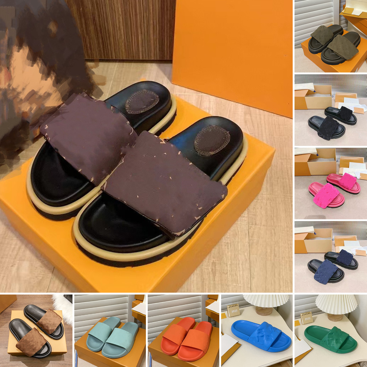 LUXURY L Designer Men Women Slippers Sandals Embossed Printing Pool Pillow Hook & Loop Mule Summer Flat Heel Scuff Slides Flip Flops Beach Sandals Size 35-45, Additional box
LUXURY L Designer Men Women Slippers Sandals Embossed Printing Pool Pillow Hook & Loop Mule Summer Flat Heel Scuff Slides Flip Flops Beach Sandals Size 35-45, Additional box