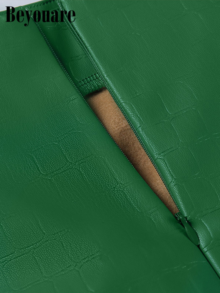 Beyouare Faux Leather Pattern A-Line Skirt Women Fashion Elegant Solid Green High Waist Split Mini Skirts Autumn 220317