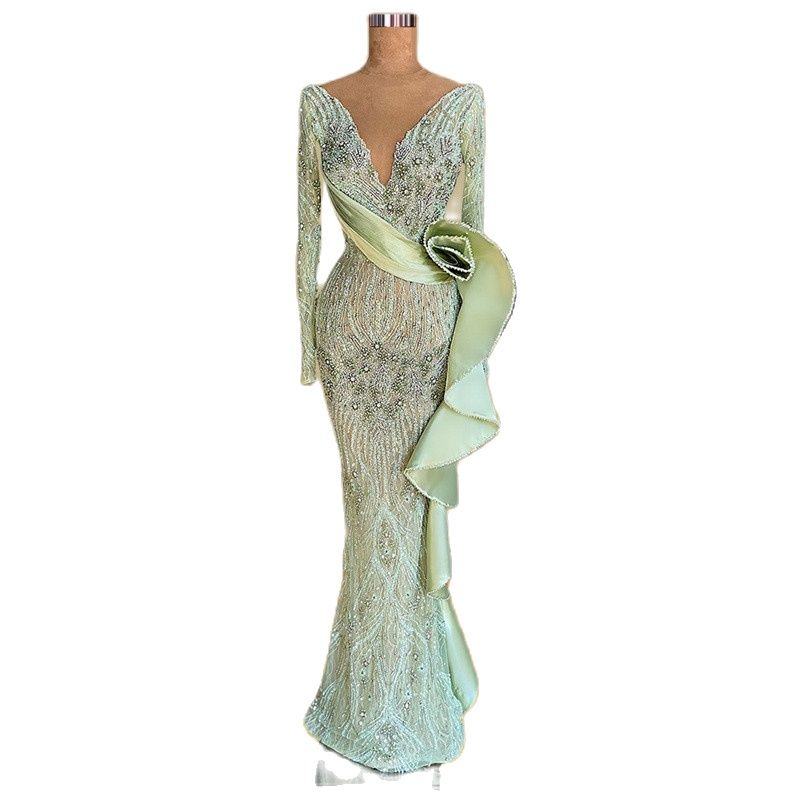 Blue Mermaid Prom Dresses Sexy Deep V Neck Long Sleeves Satin Sequins Appliques Beads Hollow Floor Length Plus Size Formal Party Gowns Custom Made