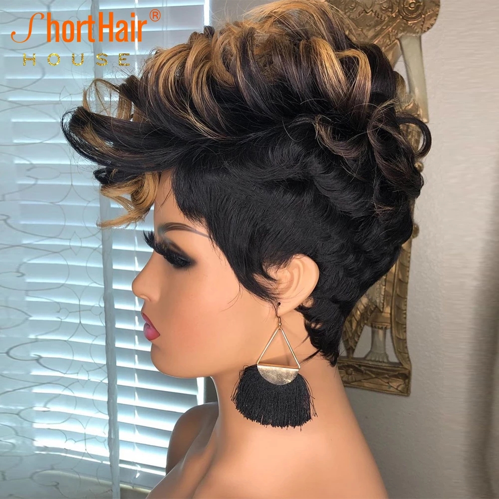 Short Curly Bob Pixie Cut Wig Ombre Blonde No Lace Front Hair Wigs With Bangs For Black Women Full Machine Made