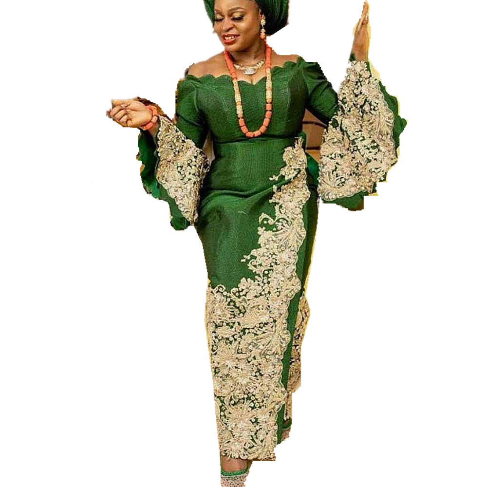 Aso Ebi Green Women Evening Dresses Flare Long Sleeves Gold Lace Appliqued African Nigeria Sheath Prom Dress Off Shoulder V-Neck Special Occasion Gown