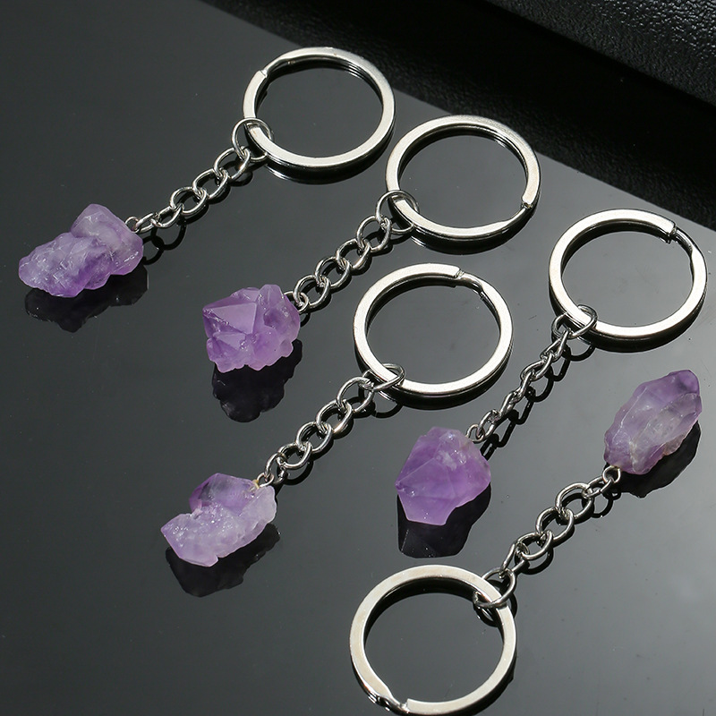 Natural Stone Amethyst Crystal Key ring KeyChain Pendant Keyrings Bag Accessories Jewelry