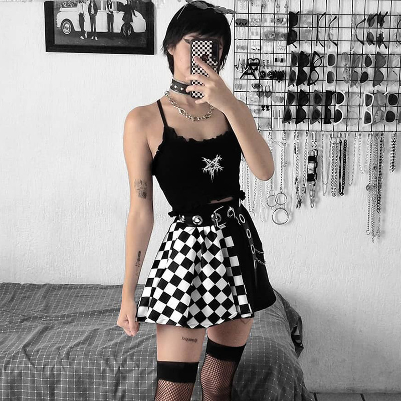 Goth Dark Plaid Pleated Skirt Black on White Contrast Patchwork Skirts High Waist Harajuku EGirl Partywear 220701