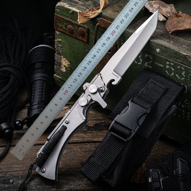 Top quality WX New Design Tactical Folding Knife 9Cr13Mov Titanium Coated Tanto Point Blade Stainless Steel Handle Knives With Nylon Bag