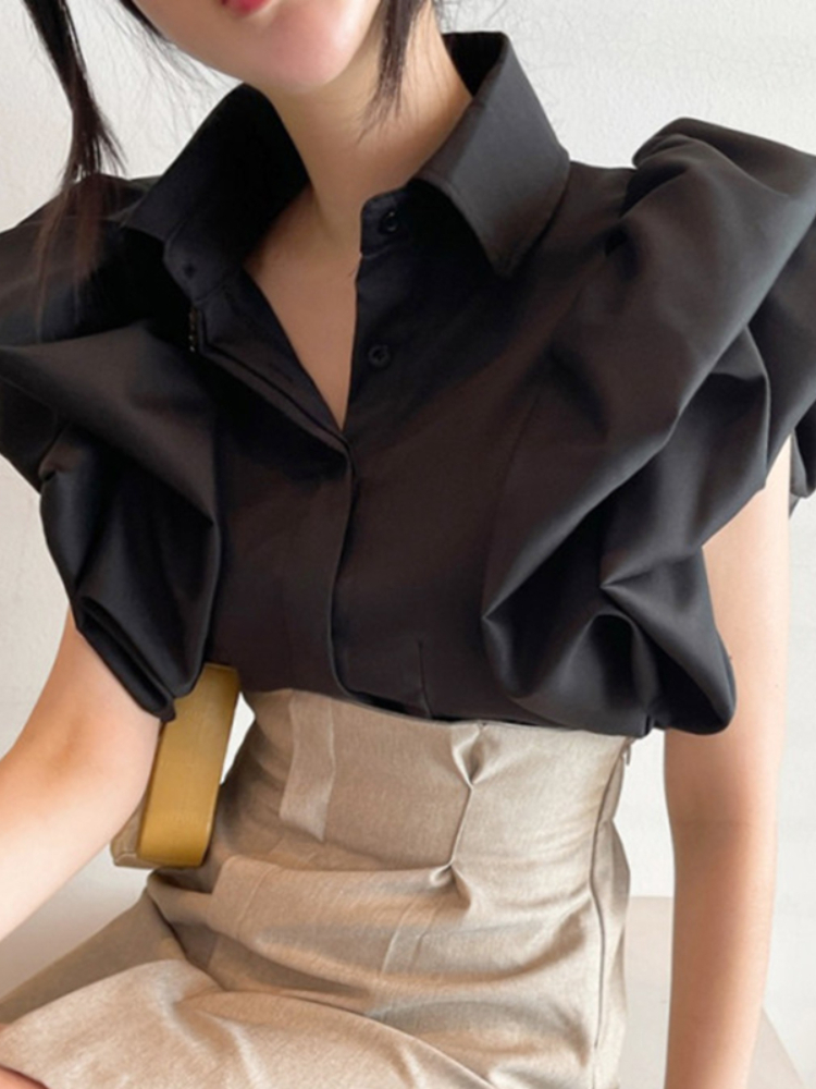 Woherb Vintage Puff Sleeve Elegant Shirt White Black All Match Blouse Turn Down Collar Office Ladies Blusa Female Casual Tops 220407