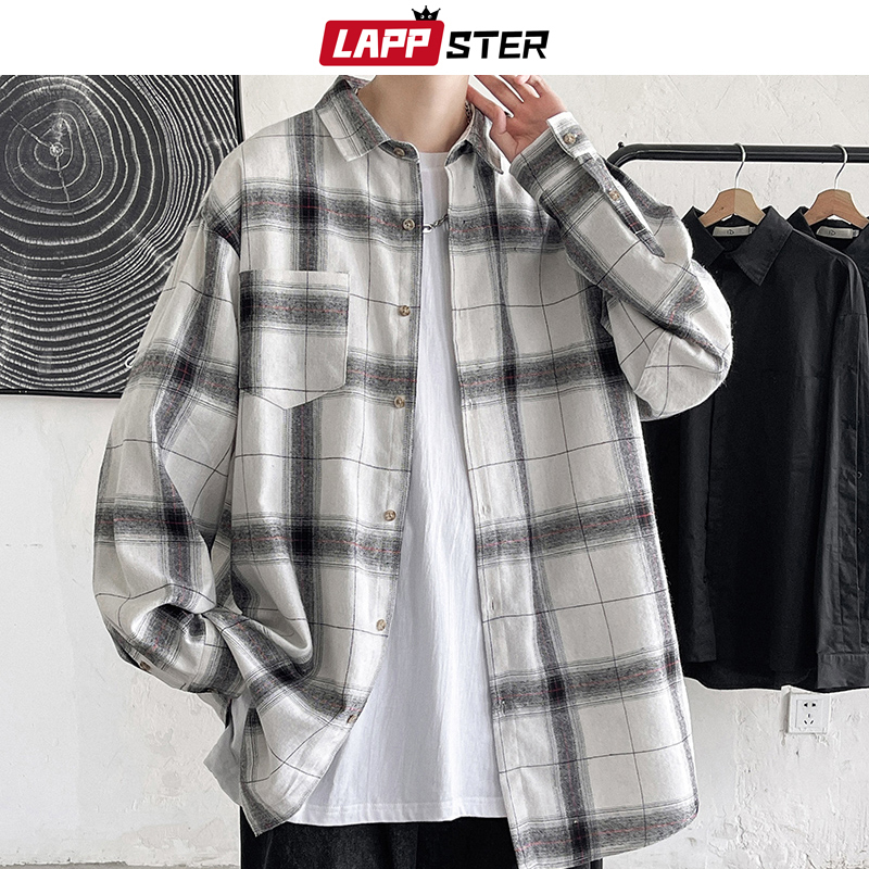 LAPPSTER Men Hip Hop Plaid Shirts Male Korean Fashion Streetwear White Loose Vintage Oversized Clothing 220322