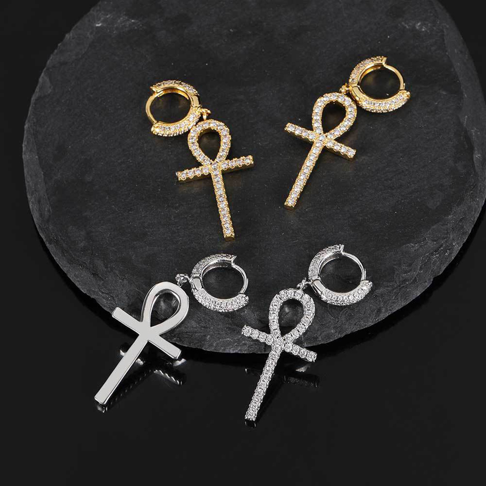 Hip Hop TopBling Cross Drop Earrings Full White Zircon Dangle Earrings Platinum Plated Jewelry