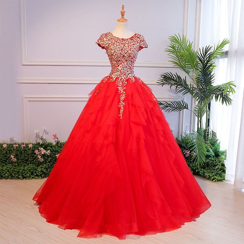Gold Red Sequined Gowns Beaded Embroidery Lace Wedding Dresses Sweep Train Organza Bridal Gown Formal Party Detachable Wed Dress 403