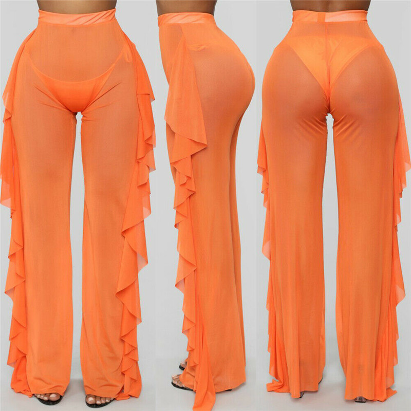 Sexy Women See-through Pants Bikini Cover Up Mesh Ruffle Bottoms Plus Size Loose Long Trousers Beachwear Swimwear Swimsuit 220426