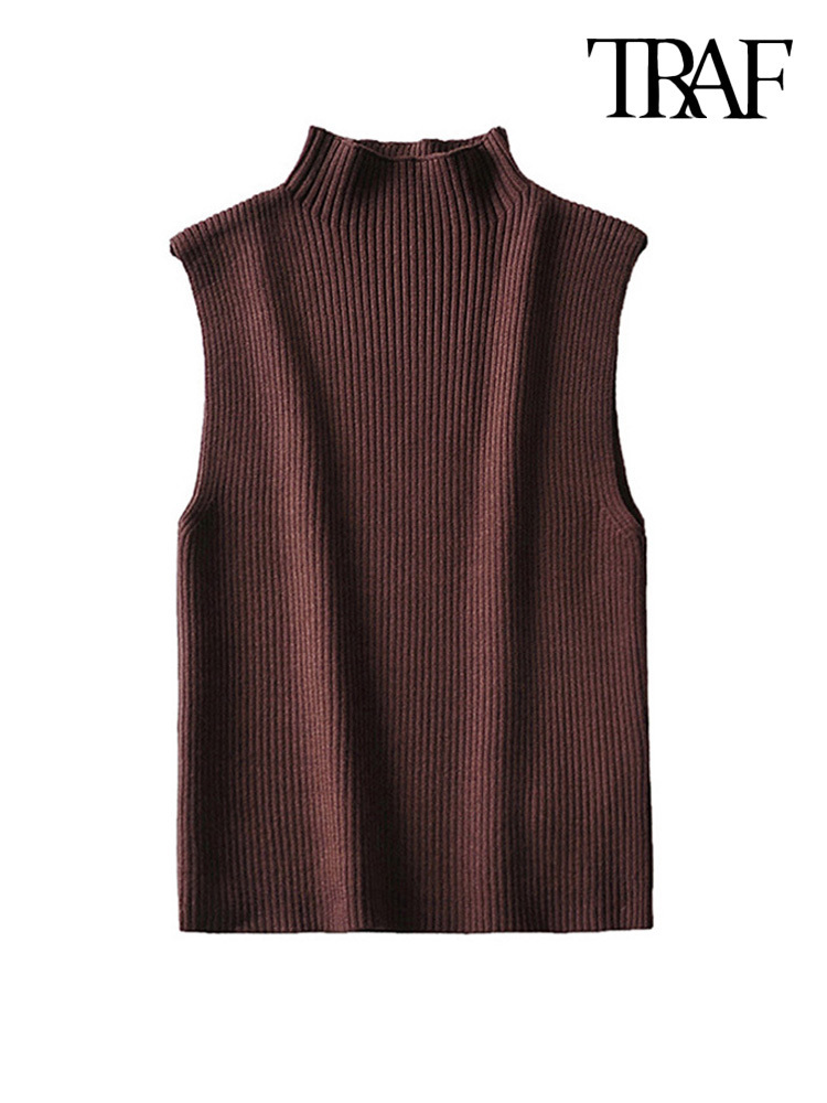 TRAF Women Fashion Fitted Basic Ribbed Knit Tank Tops Vintage High Neck Sleeveless Female Camis Chic Vest Top Mujer 220325