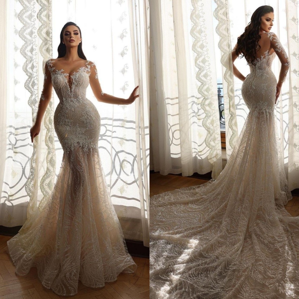 Wedding Elegant Dresses for Bride 2022 Lace Mermaid Bridal Gowns Sweep Train Sheer Long Sleeved Stylish Vestido De Novia