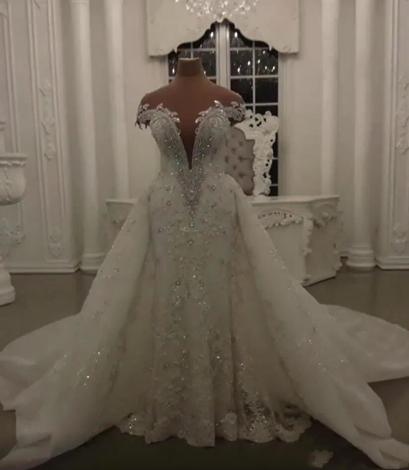 Luxurious Robe de Mariage Modern Lace Mermaid Wedding Dresses with detachable train Shining Crystals Beads Appliques Sheer Neck Bridal Gowns