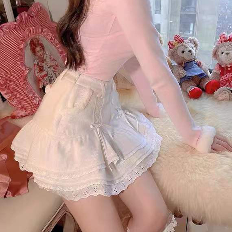 HOUZHOU Kawaii Lolita Mini Skirt Autumn Winter Fairycore Japanese Sweet High Waist Bandage Lace Pink Ruffle Layer Skirt 220322