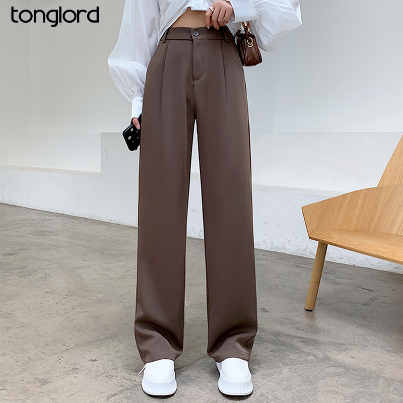 Women High Waist Floor-Length Suits Pants Autumn Winter White Loose Wide Leg Female Office Ladies Straight Long Trousers 220325