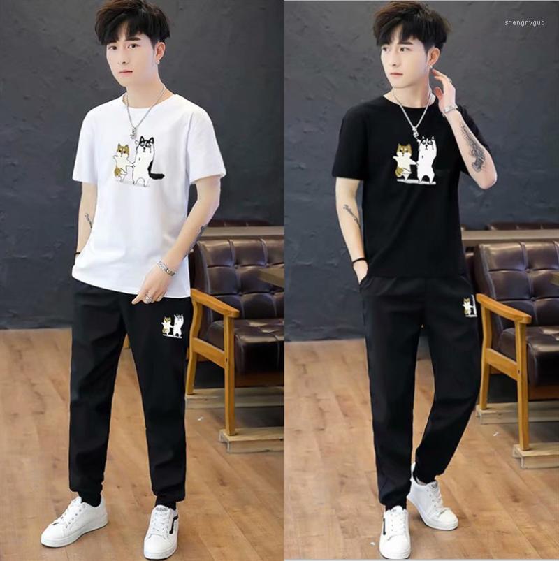 

Men's Tracksuits 2022 Sets Fashion Cartoon Applique Short Sleeve T-shirt Leisure Jogger Sports Long Pants Combination Men'Sets Size -3XL, Monkey black