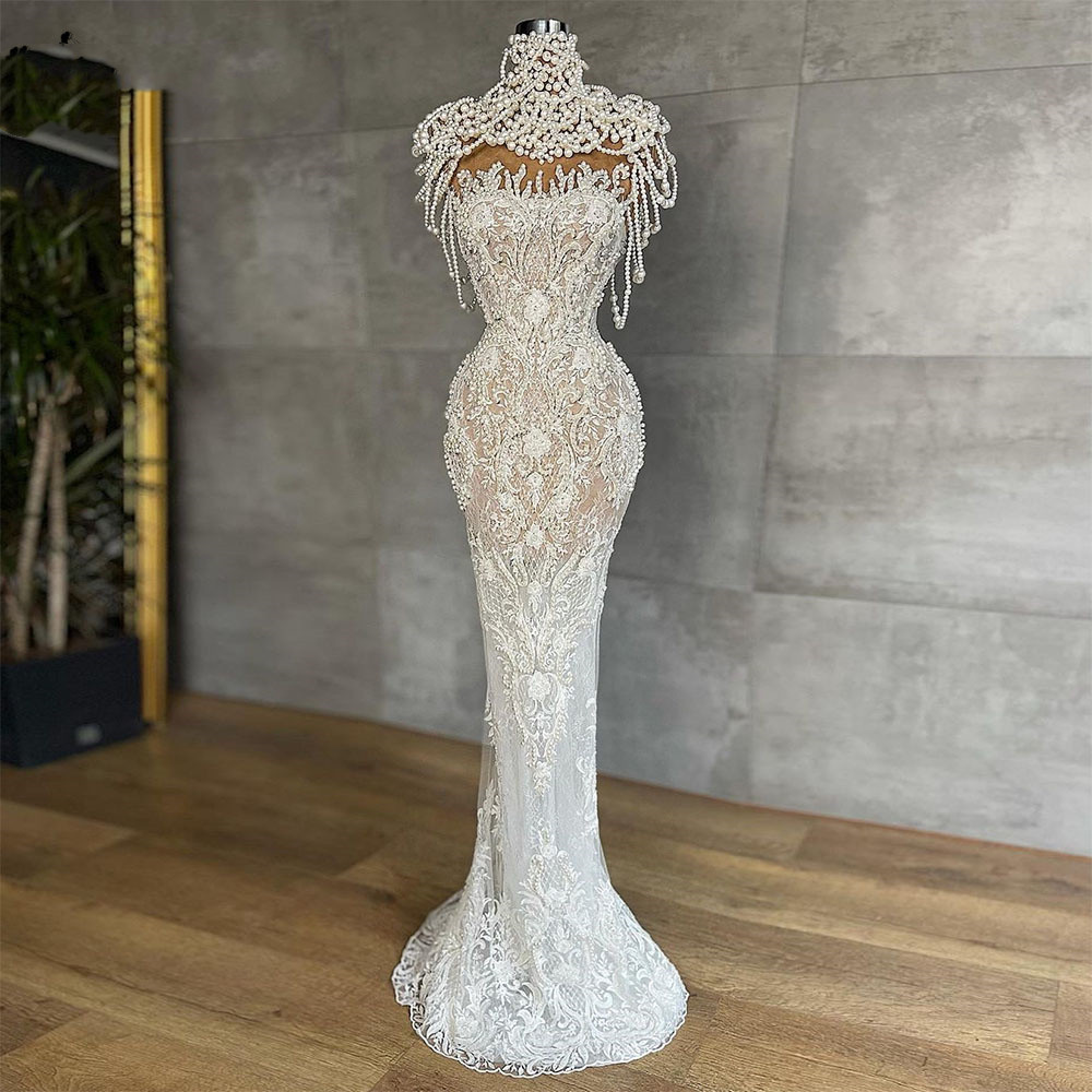 Gorgeous Pearls Prom Dresses Cap Sleeves Beading Crystal Celebrity Dress Illusion Lace Evening Party Gowns Robe De Soiree