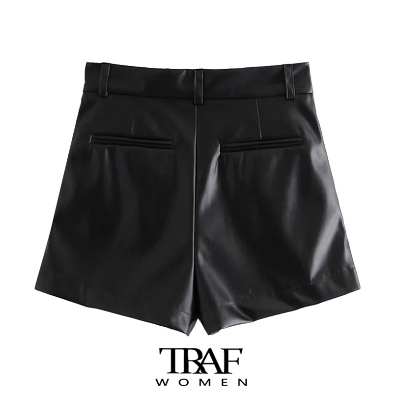 TRAF Women Chic Fashion Side Pockets Faux Leather Shorts Vintage High Waist Zipper Fly Female Short Pants Mujer 220630