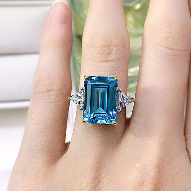 Solitaire Ring OEVAS 100 925 Sterling Silver Sparkling 10 14mm Aquamarine 5A Zircon Rings For Women Party High Carbon Diamond Fine Jewelry 220726