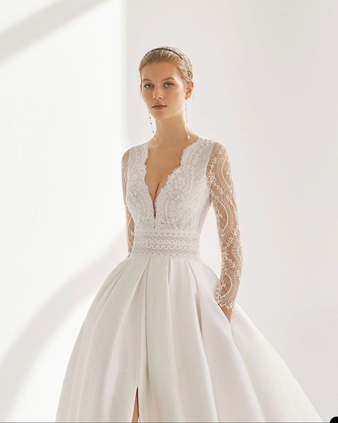 Sexy A-line Wedding Dresses Deep V Neck Long Lace Sleeve Chiffon Lace Satin High Waist Appliques Bow Tie Sequins Floor Length Boho Bridal Dress Bohemi