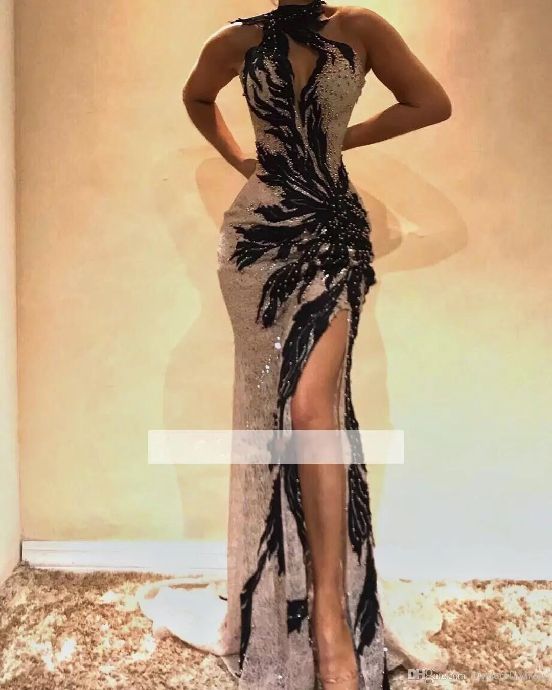 2022 Split Side High Lace Mermaid Prom Dresses Keyhole Neck Crystal beaded Backless Evening Gowns Hollow Out Front Celebrity Dress
