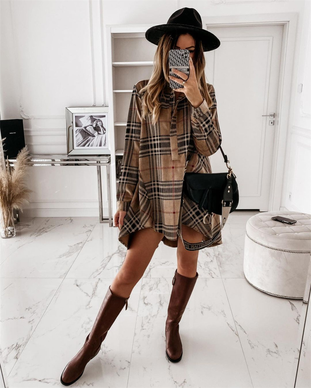 Womens Casual Dresses Women Elegant Plaid Print Buttons Irregular Party Dress Office Lady Turn-Down Collar Shirt Loose Mini Vintage Long-skirt Blouses