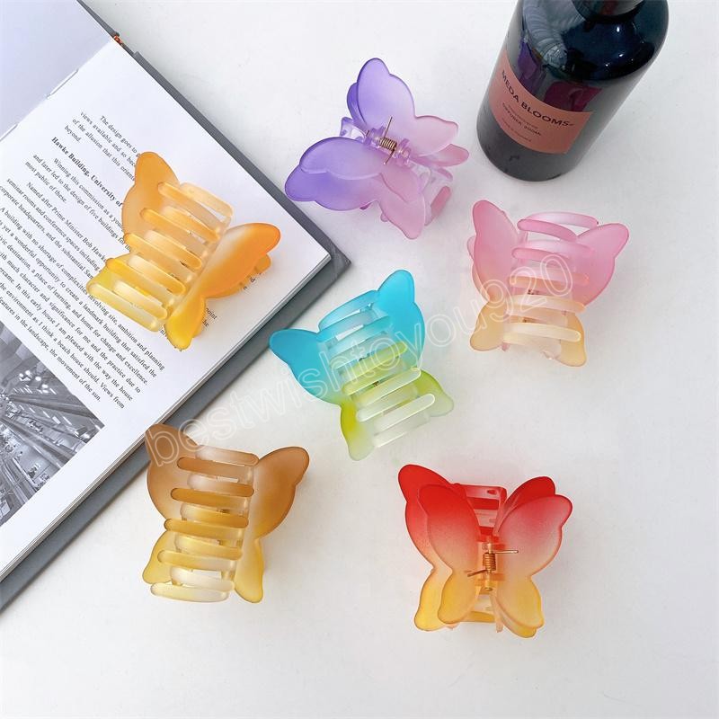 Women Mist Gradient Butterfly Bath Hair Clamps 7 CM Medium Plastic Alloy Animal Hair Clips European Girl Head Wear Ponytail Scrunchies Hairpins Claw A