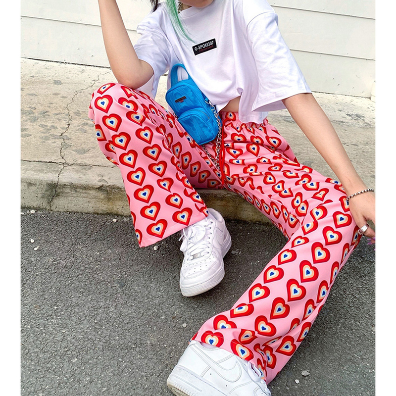 Missnight Pink Pants Heart Printed Straight Elastic High Waist Drawstring Fashion Streetwear Vintage Harajuku 220325