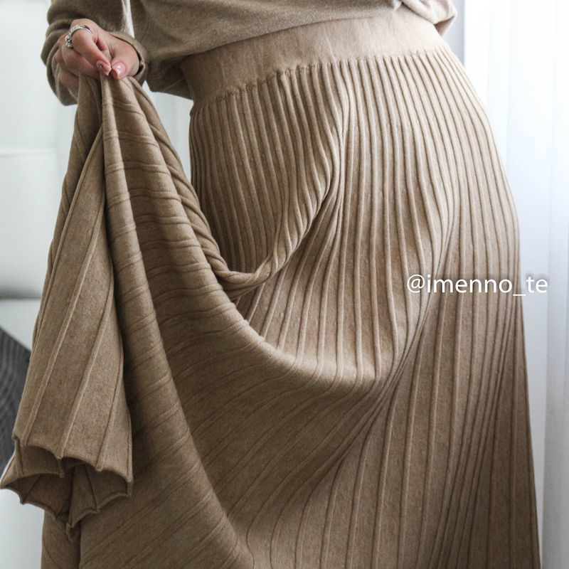 GIGOGOU Long Women Knitted A Line Skirts Autumn Winter Elastic High Waist Pleated Skirt Highstreet Midi Femme 220317
