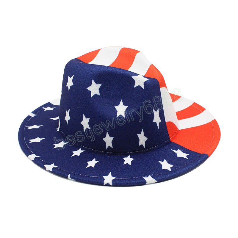 Fashion Patchwork Fedora Hats for Women Men American Flag Print Felted Jazz Hat Panama Party Trilby Cowboy Cap