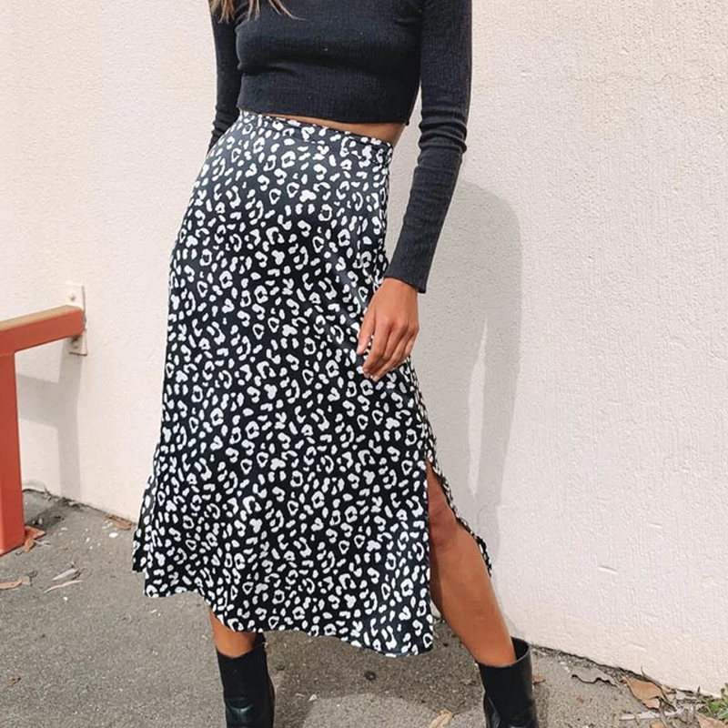 Summer women vintage elegant beach midi boho skirt Women Leopard print split sexy zip skirts womens Casual skirts female 220701