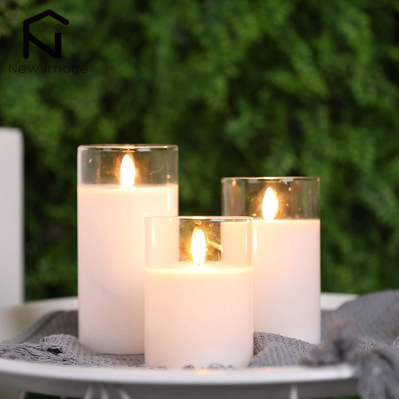 3pcs glass wax flameless candles 3d effect led candles white wax battery candles with 8key remote control home decor